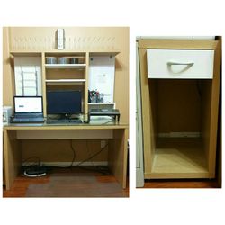Computer and study desk with hutch and glass top. Side table for printer with a drawer is also included. Lightly used almost new. It's from Ikea.