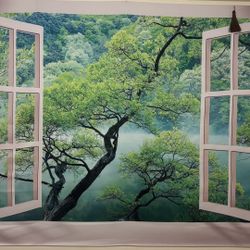 FENDROM Misty Lake Forest Tapestry Wall Hanging Nature Green