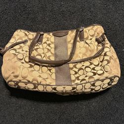 Coach Signature Stripe Drawstring Carryall Lg Handbag Silver/khaki/mahogany