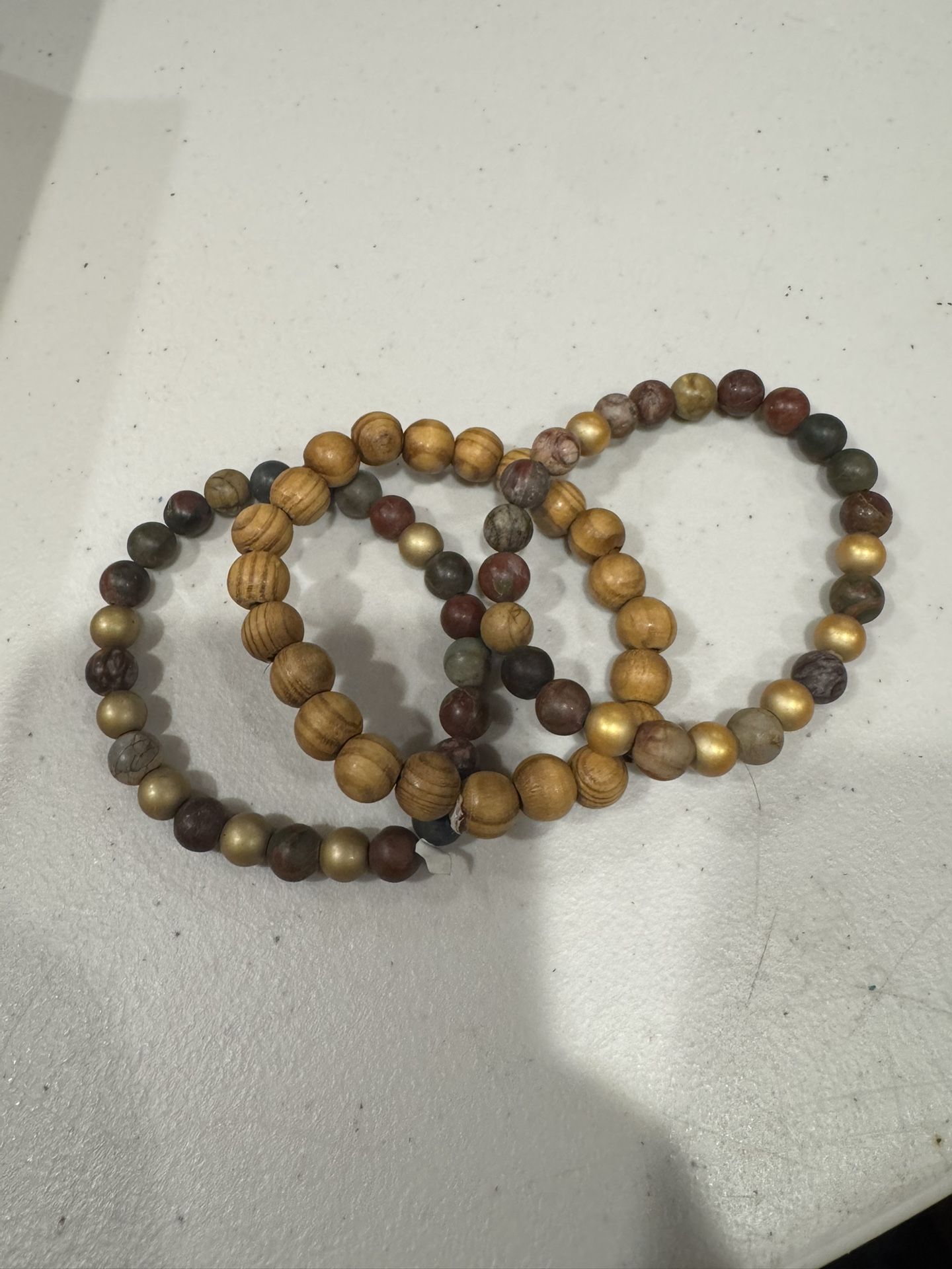Unisex Mixed lot of 3 natural Mookaite and wooden beaded stretch bracelets