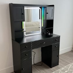 LED Makeup Vanity with Mirror and Outlet Black