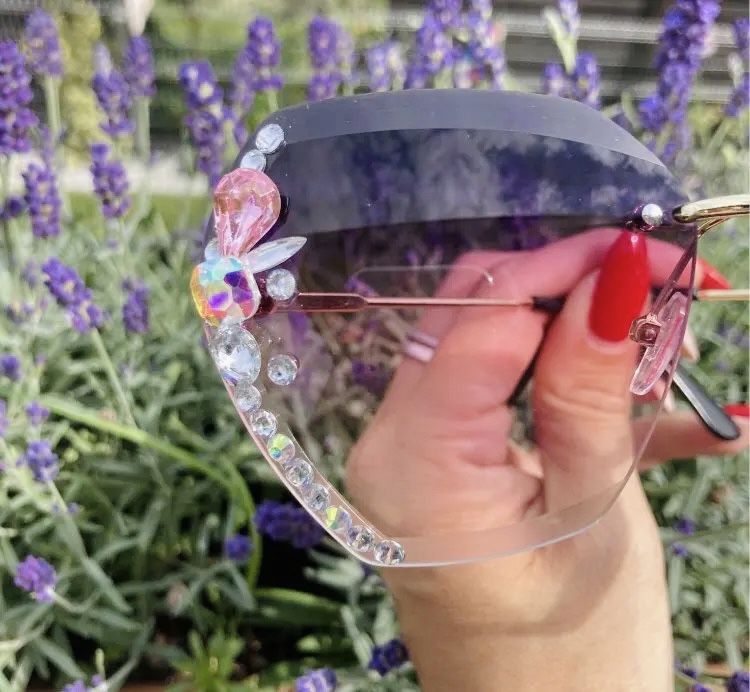 New Unworn Rhinestone Crystal Sunglasses Grey & Gold