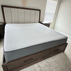 KING Bed Frame with Upholstered Headboard + Storage Drawers + Casper Matress