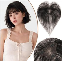 Human Hair Clip In Topper With Air Bang for Thinning Hair 10" 1B 360°3D 8×13CM