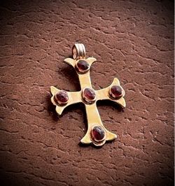 Vintage Vermeil over Sterling Silver Byzantine Cross Pendant with Genuine Garnet
