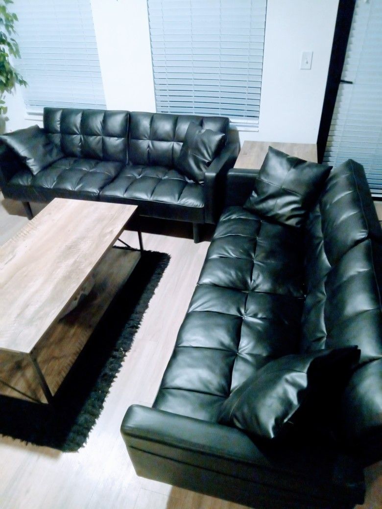 2 Black Futon Couches With Pillows