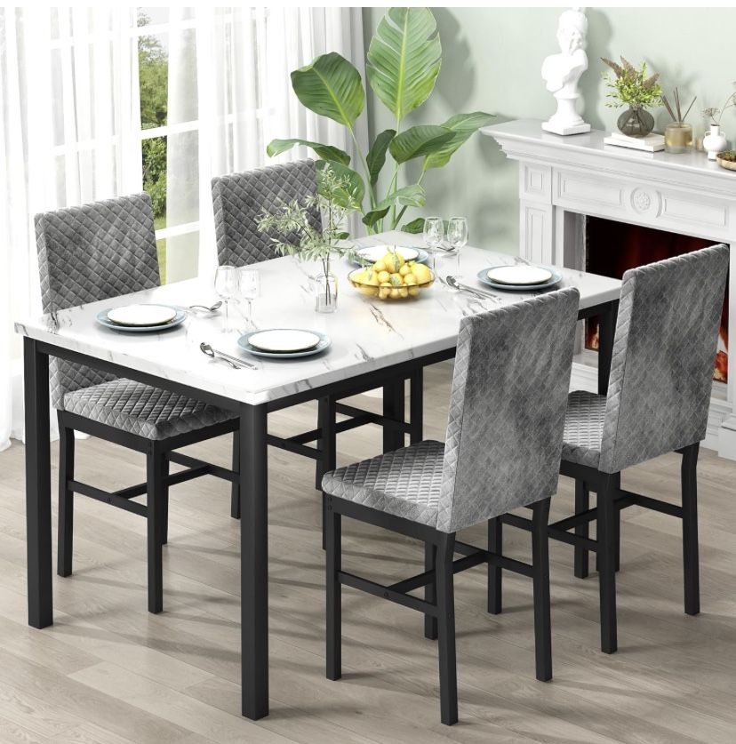  Dining Table Set for 4, Kitchen Table and Chairs Set of 4, Faux Marble Dinner Table Set with 4 Upholstered Velvet Chairs, Dining Room Table Set for K