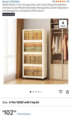 Storage organizer bins on wheels, 4 tier (stackable, collapsible)