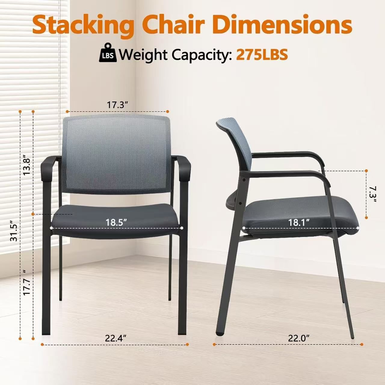🥨CLATINA Mesh Back Stacking Arm Chairs with Upholstered Fabric Seat and Ergonomic Lumber Support for Office School Church Guest Reception Grey