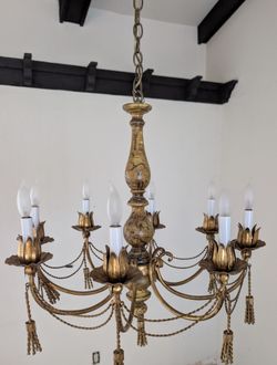 Antique Italian Tole Gilt Metal Tassles Chandelier
