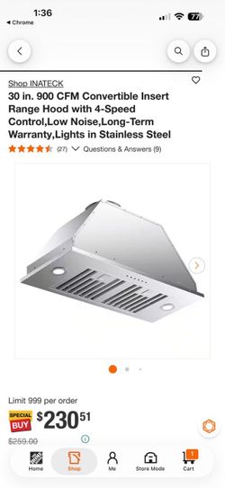 30 in. 900 CFM Convertible Insert Range Hood with 4-Speed Control,Low Noise, Long-Term Warranty, Lights in Stainless Steel