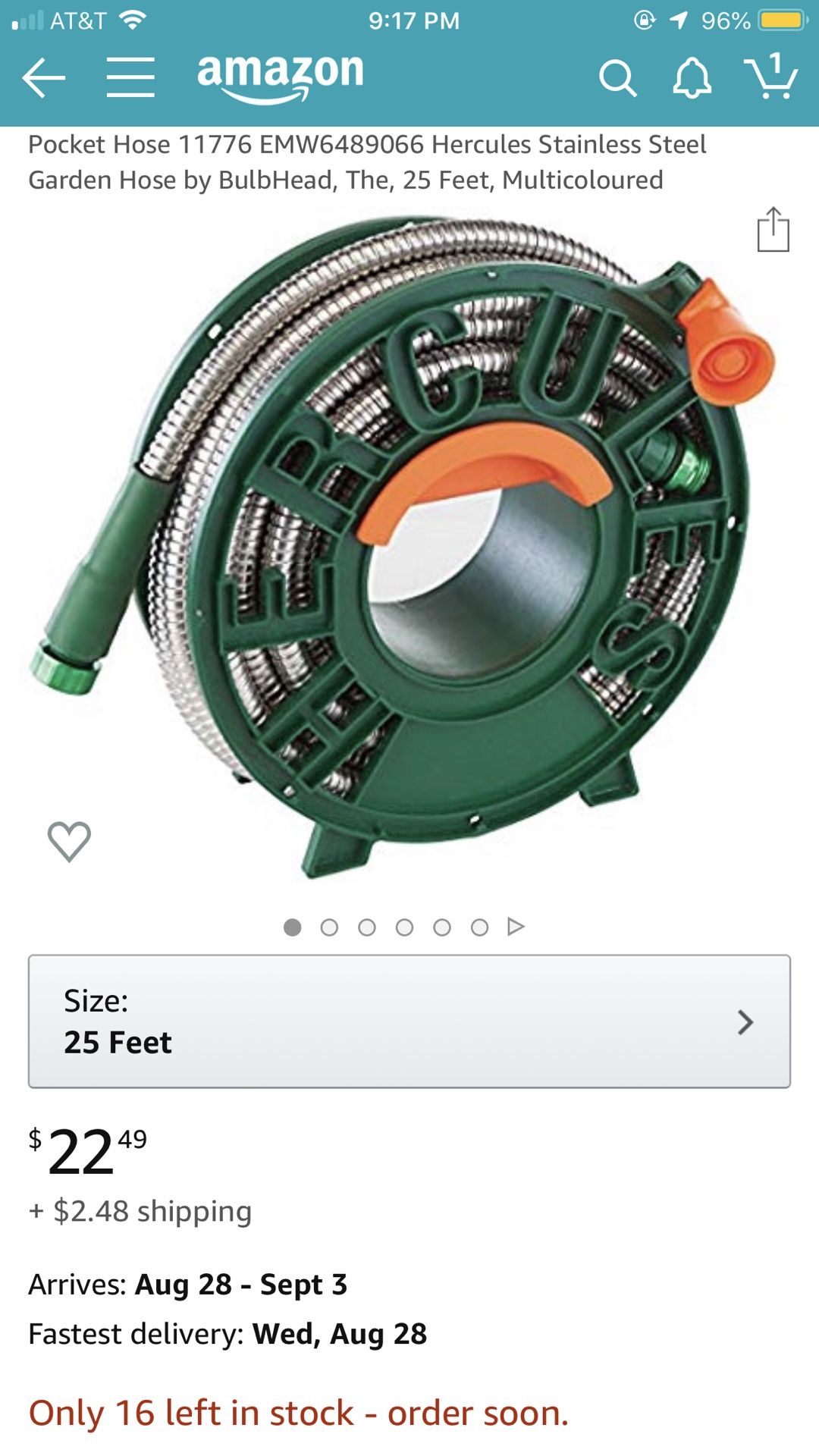 Hercules Stainless Steel 25 feet Garden Hose + Orbit 7spray nozzle for