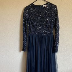 Maya Petite Bridesmaid long sleeve maxi tulle dress with tonal delicate sequins in navy