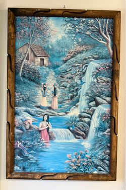 Turquoise and Blue Vintage Framed Cottage & Waterfall Landscape Painting, Dimensions: 34" L × 10" W