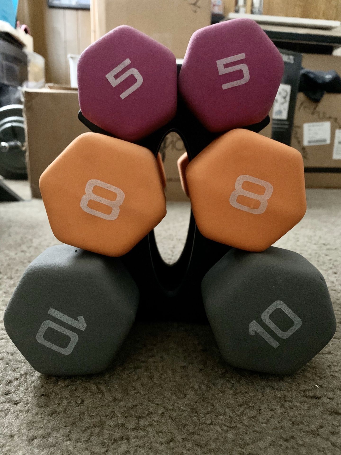 Neoprene dumbbell set - pair of 5, 8 and 10 pounds with stand