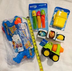NEW Water Summer Beach Pool Toys for kids children: 2 water guns, 3 bounces on water balls, 3 counts dive squids, 1 waterproof case, 1 sand constructi