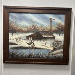 Vintage Framed And Signed M.Hill Winter Farmhouse Painting On Canvas 