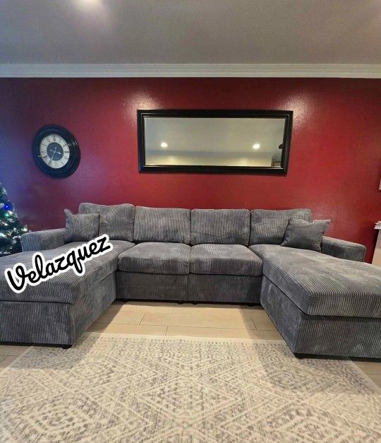 ✅️✅️4 pc fog grey corduroy fabric sectional sofa with double chaise ✅️✅️