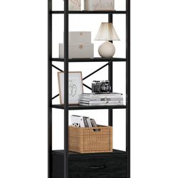 Furnulem 5-Tier Corner Shelf, Narrow Bookshelf with 2 Storage Drawers, 65.16" Tall Bookcase, Standing Shelf Organizer Unit for Living Room, Bedroom, M