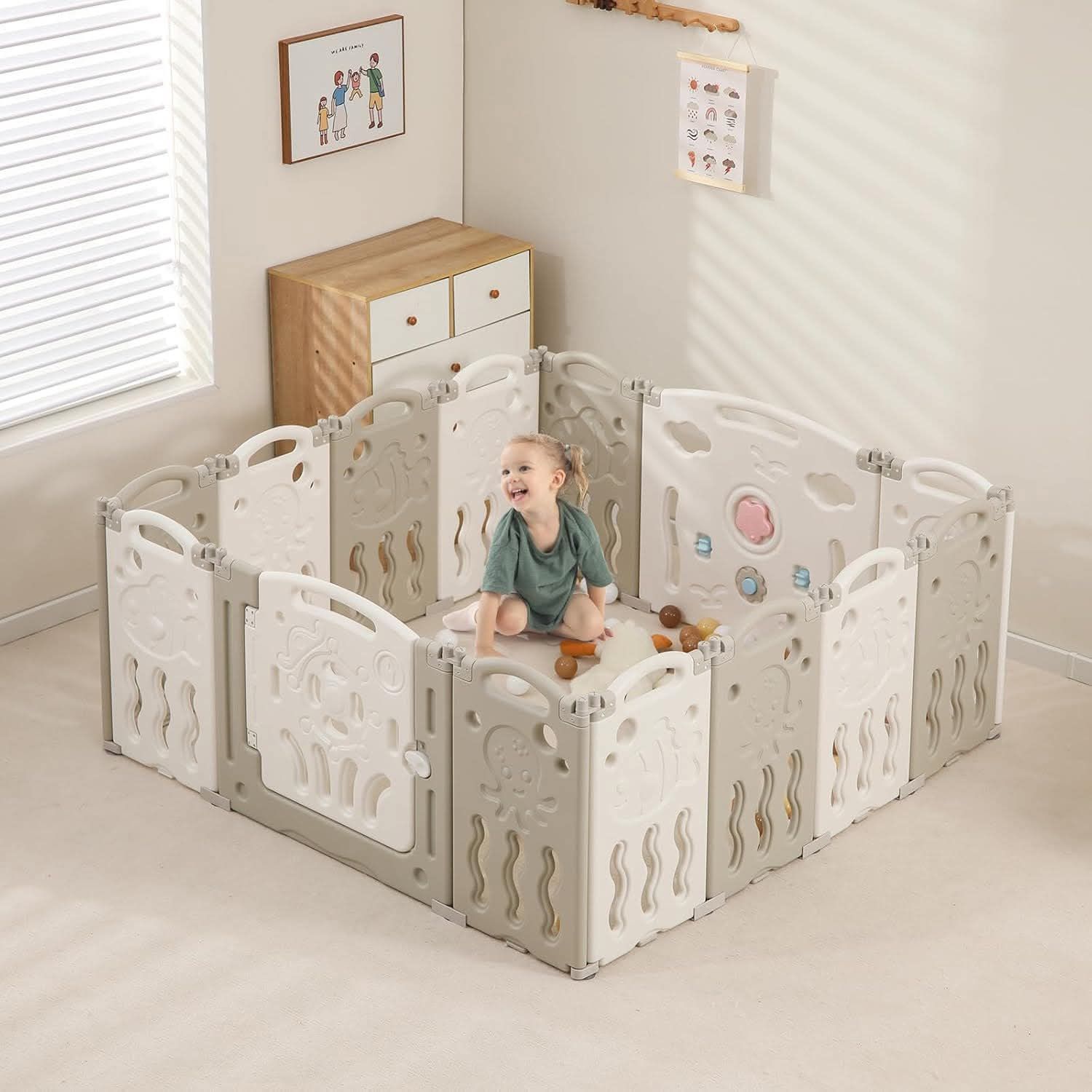 Baby Playpen, Foldable Playpen for Babies and Toddlers,14 Panels Baby Play Pen Large Baby Play Yard, Portable Baby Fence Play Area Baby Gate Playpen S