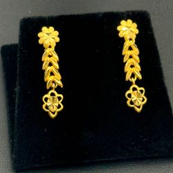 21 karat solid yellow gold flower long studs earrings