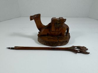Antique Olive Wood Hand Carved Camel Ink Well From Jerusalem Handmade