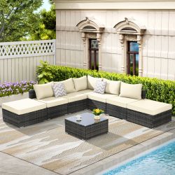 8 Pieces Outdoor Patio Sectional Sofa Couch,Wicker Furniture Conversation Sets with Washable Cushions & Glass Coffee Table for Garden, Poolside, Backy