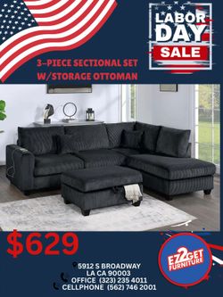 3pcs Sectional with storage ottoman $50 down with