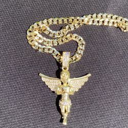 Gold Chain Cuban Link Necklace 20in 7mm And Icy Angel Pendant Set 