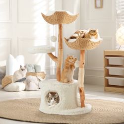 EROMMY Tall Cat Tower With Natural Fruitwood  Our cat tower has 2 independent tall scratching poles covered with hand-made baskets, providi