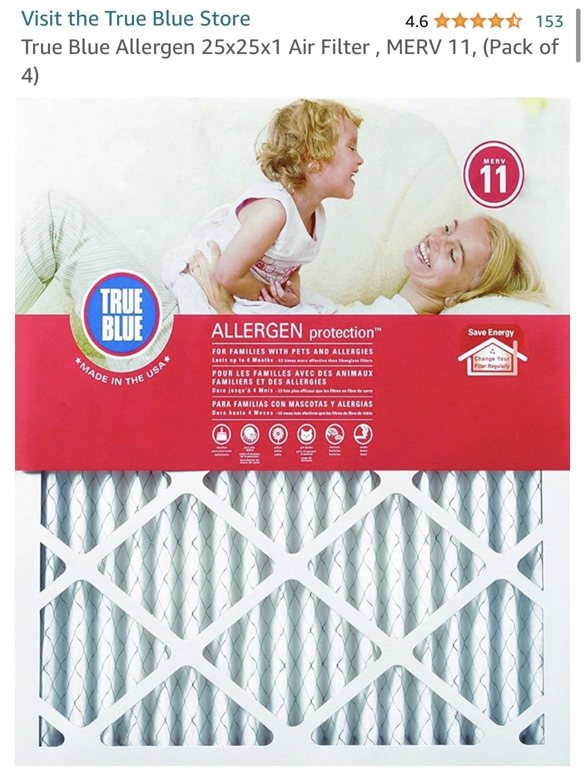 True Blue Allergen 25x25x1 Air Filter , MERV 11, (Pack of 4)