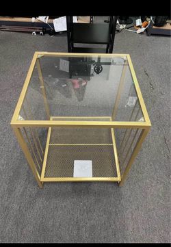 Moving sale Brand New Golden End Metal Frame Table with Tempered Glass Top, Square Side with 2- Tire Storage. 17.