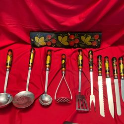 Vintage 1(contact info removed)s Russian Khokloma Folk Art Metal Kitchen Tools - Ladle, Knives