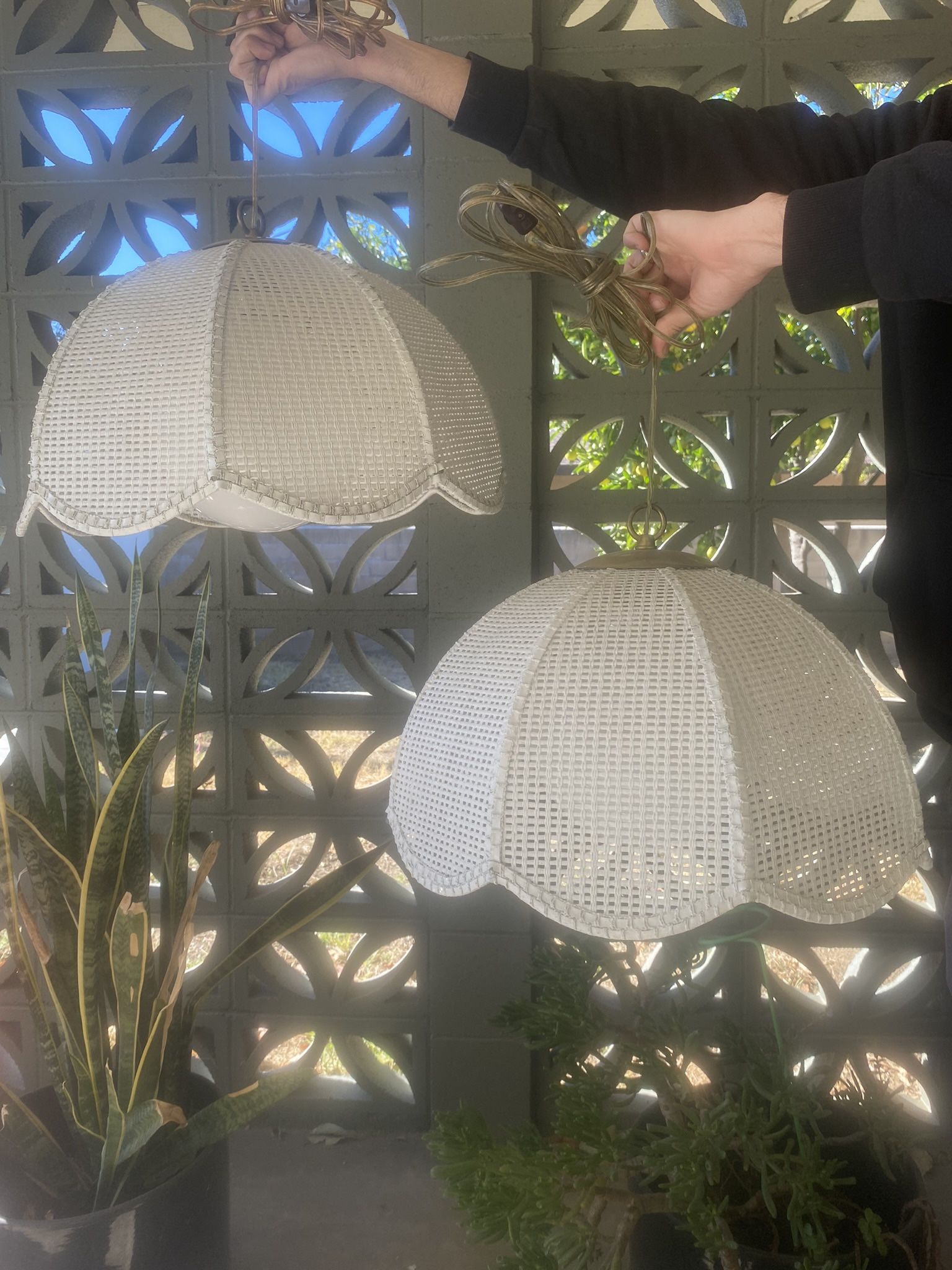 Vintage Mid Century Hanging Rattan Lamps Swag Globe Light