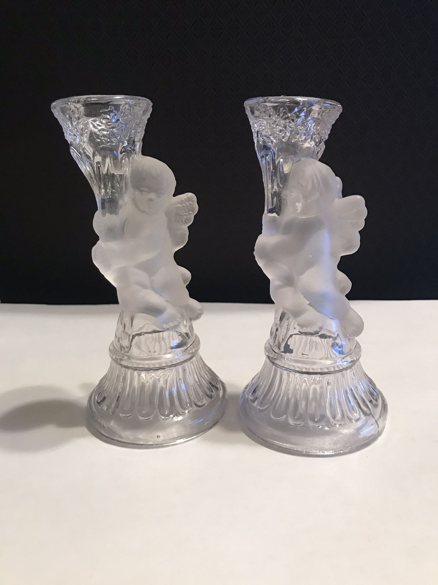 2 Vintage Cherub Style Hollow Ware Two Tone Crystal 6 1/2” Candlestick Holders