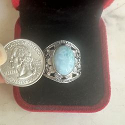 925 Sterling silver natural Larimar ring , marked 925 , wide front , large Larimar, beautiful ring , size 10