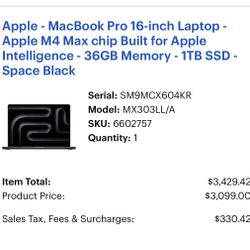 macbook pro 16 inch m4 1tb hd 36gb memory space black