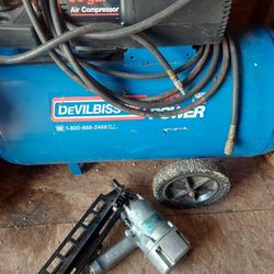 Compressor, Nail Gun, Cords Air Hose, Nails 10d And Galv Ring Shank 8d