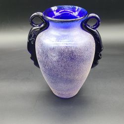 Blue Speckled Frosted Glass Vase With Clear Blue Handles