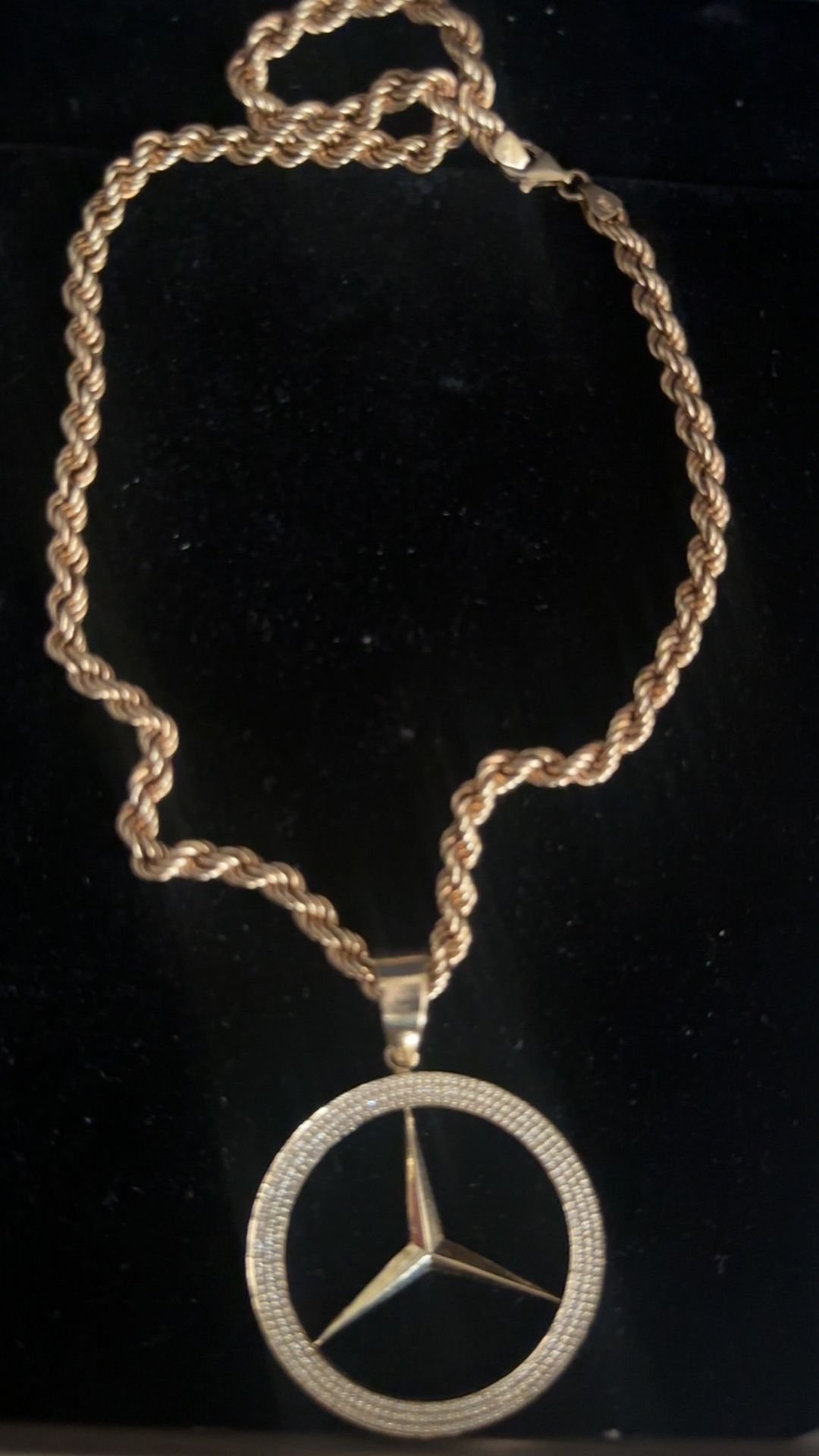 18k Pure Rope Gold Chain With Pure 18 Karat Custom Mercedes Benz Pendant With Moossanait Diamond