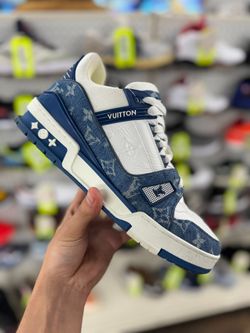 LOUIS VUITTON LV TRAINER 'BLUE MONOGRAM DENIM' SNEAKERS SIZE 8 USED ENTRUPY VERIFIED
