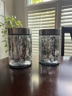 Set 2 Glass Jars Mercury Glass Look Lids Silver Appx 6.5 H - 4.25 D 