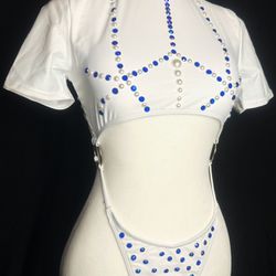 White & Blue Rhinestone & Pearl Exotic Dancewear For Pole Or Raves