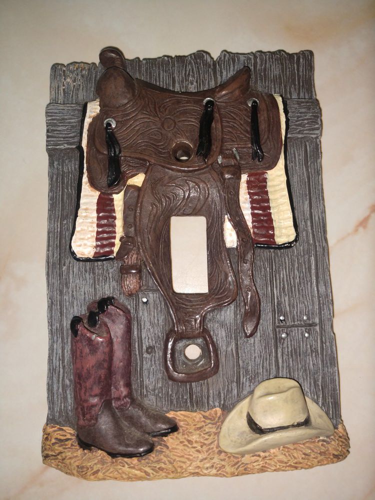 Light switch plate 3D Western saddle on barn door