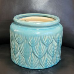 Hand Painted Teal Pot Ceramic Planter Embossed Scalloped Design Home Decor 6"
