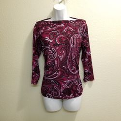 Jaclyn Smith Womens Shirt Purple Paisley Pullover Stretch Blouse Tunic - Small 

