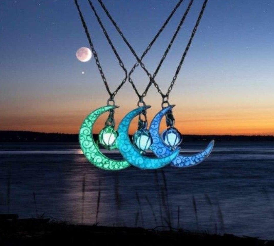 Crescent moon with orb Luminous necklace Jewelry gift moon stars boho w/gift box!