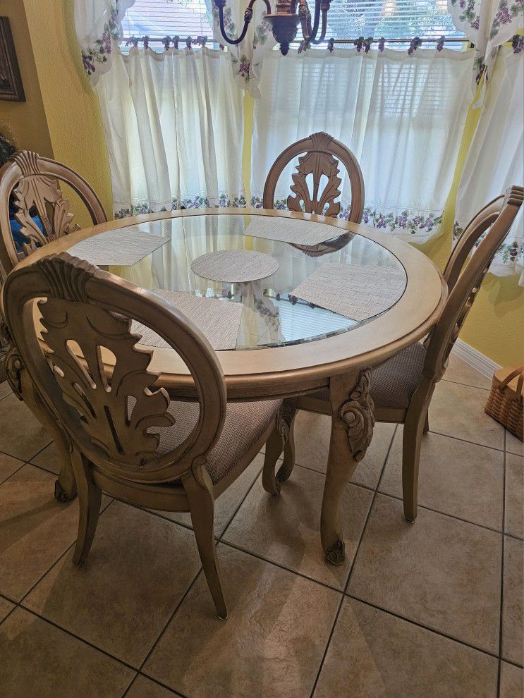 Beige Class & Wood Dining Room Table