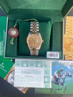 Rolex Datejust 36 36mm 16233 champagne dial 18k yellow gold and stainless steel jubilee box papers tags Full Set