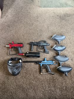 Paintball Gun Lot with Hoppers and Mask